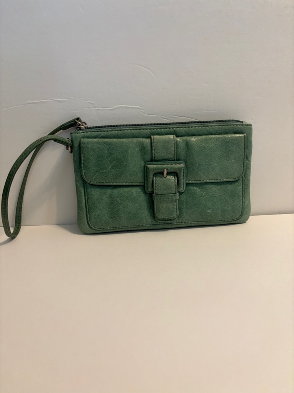 HOBO Green Leather Wristlet Clutch with Buckle Detail